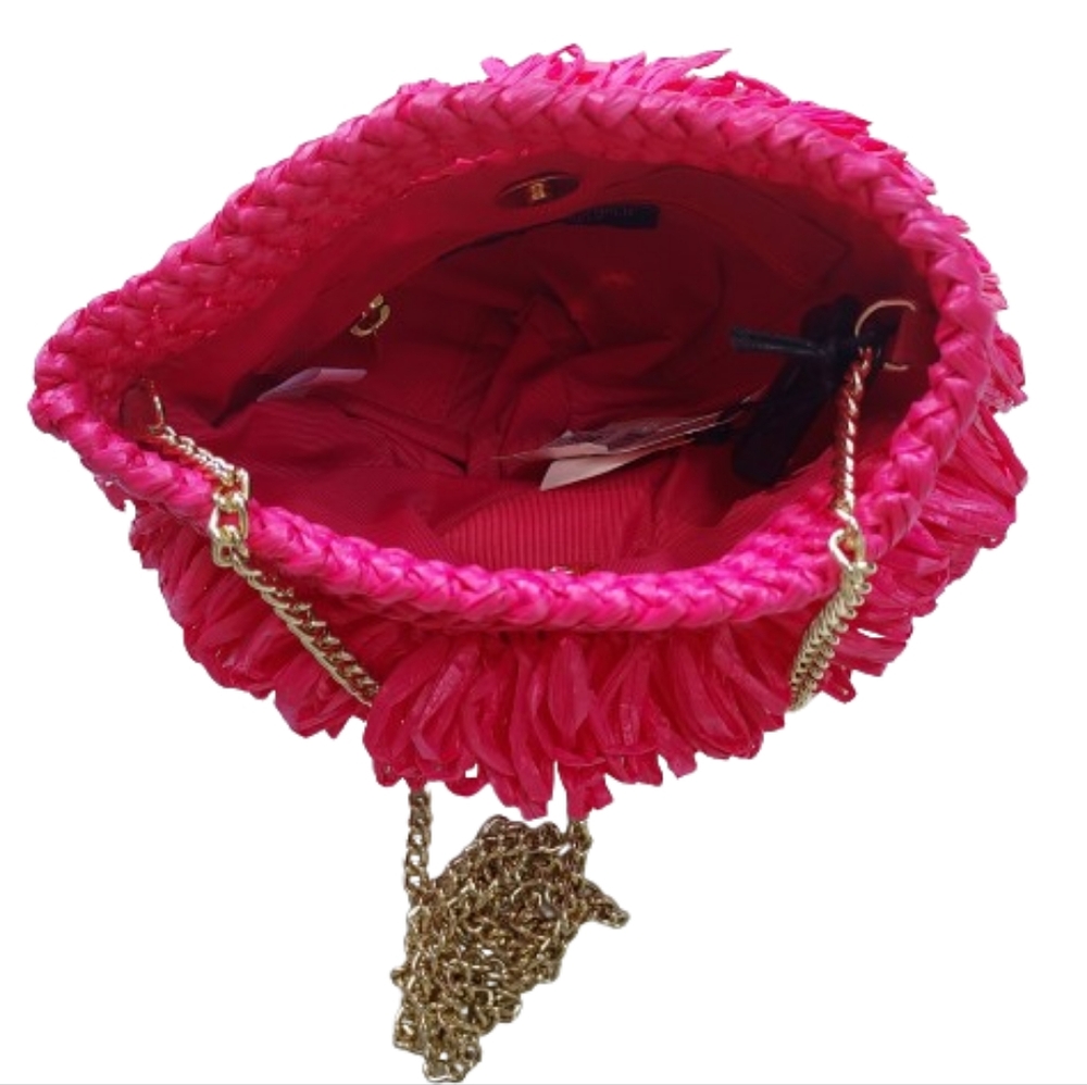 Caterina Bertini Fuschia Pink Loop Raffia Chain Bag Purse Handbag Crossbody NWT - Picture 4 of 12
